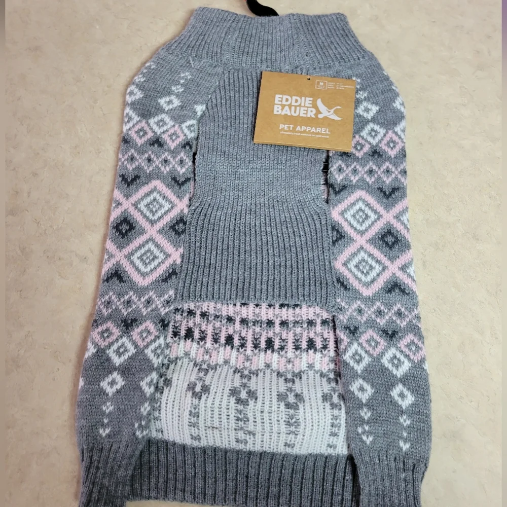 Eddie Bauer pet apparel size large dog sweater grey, white pink